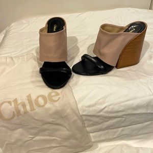 Chloe Womens black and bone leather wedge mules size 36